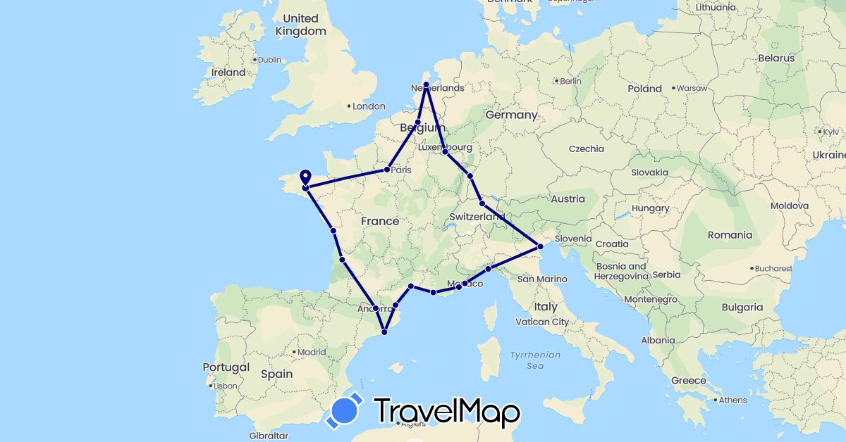 TravelMap itinerary: driving in Andorra, Belgium, Switzerland, Spain, France, Italy, Luxembourg, Monaco, Netherlands (Europe)